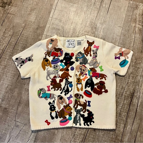 Vintage Michael Simon Dog Cardigan Sweater M Novelty Appliqué Grandmacore - Picture 11 of 12